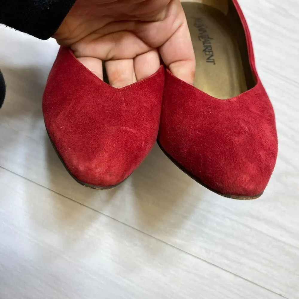 Vintage Yves Saint Laurent Heel Pumps Women Size 8 N Red Suede Pointed Toe - Picture 7 of 11